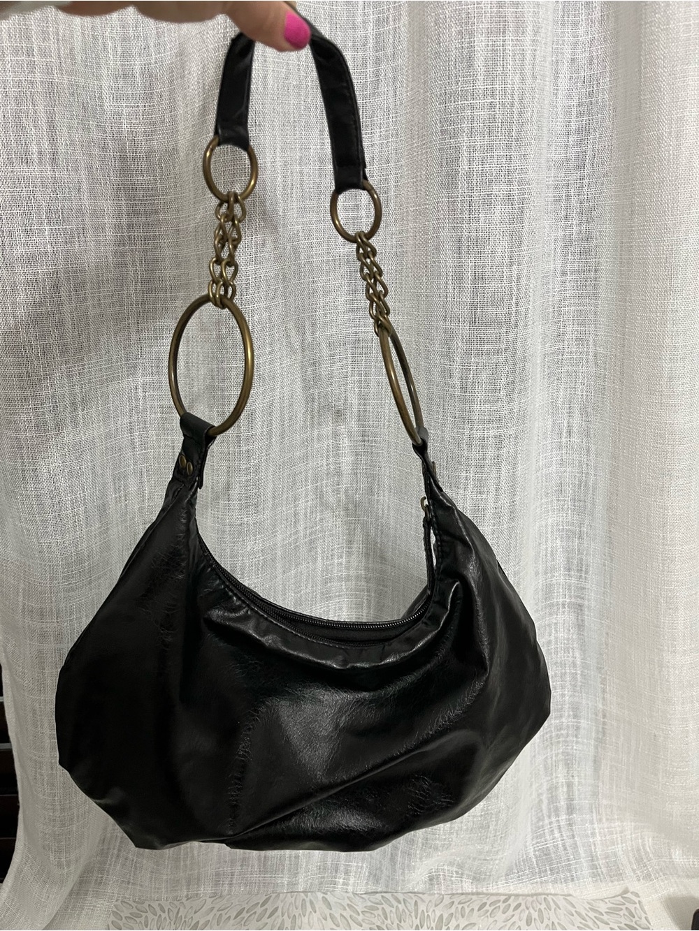 Chateau Black Shoulder Bag with Brass Ring Chain Accents